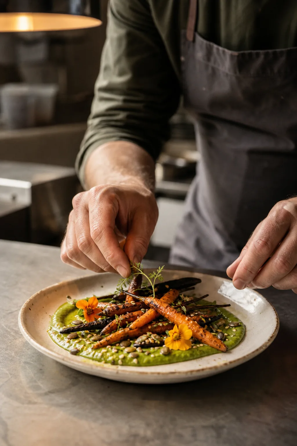 Chef finishing a plate of charred carrots and green sauce at the pass