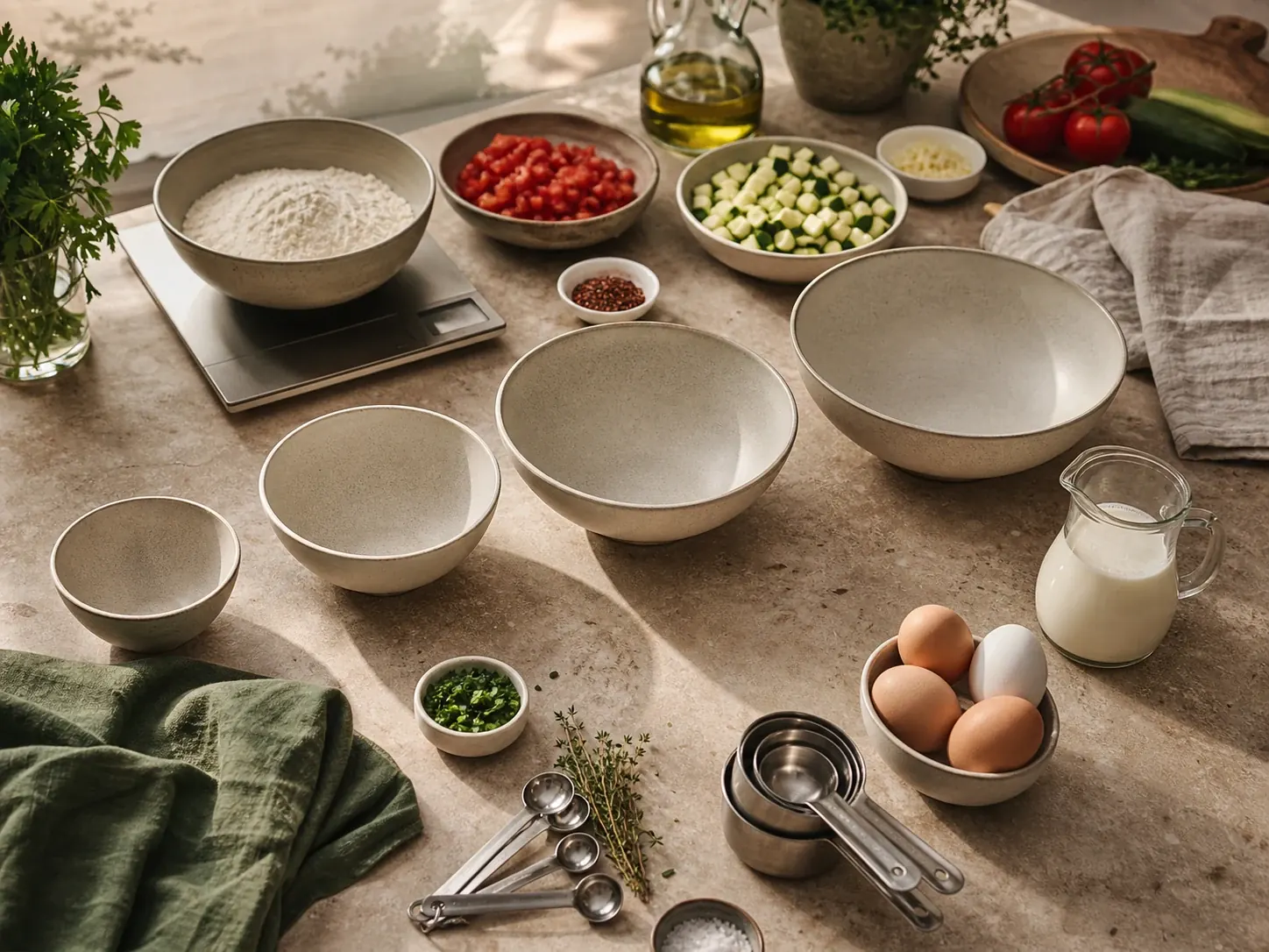 Ingredients and bowls arranged for recipe scaling