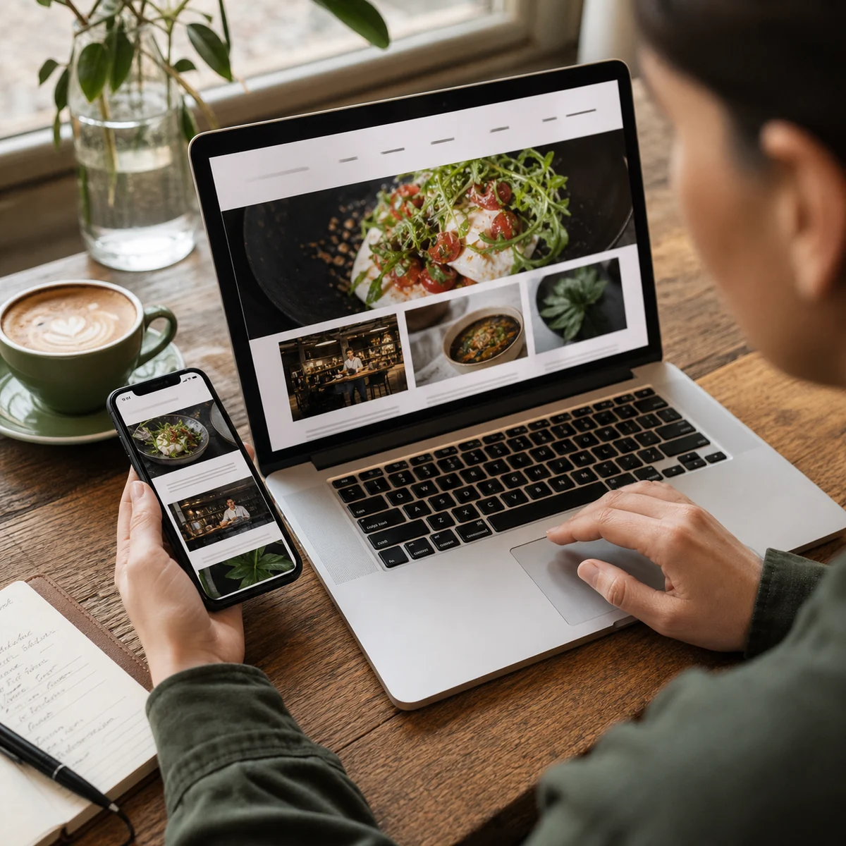 Food business owner comparing a food website on a laptop and smartphone