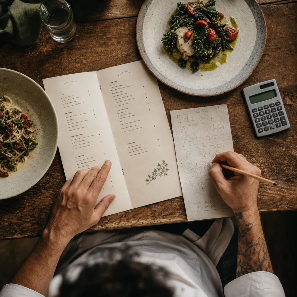 Chef-owner reviewing a menu, costing notes and plated dishes