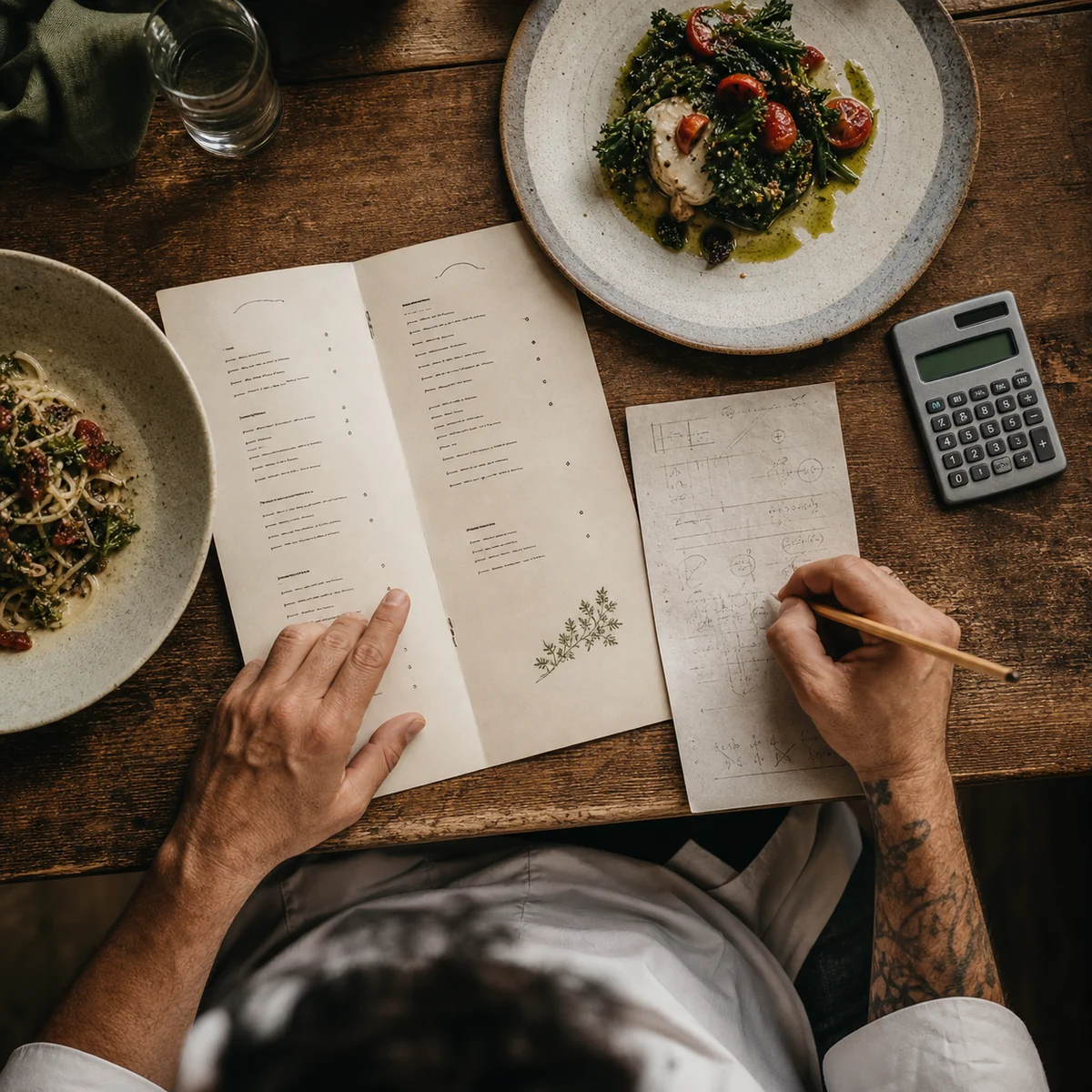 Chef-owner reviewing a menu, costing notes and plated dishes