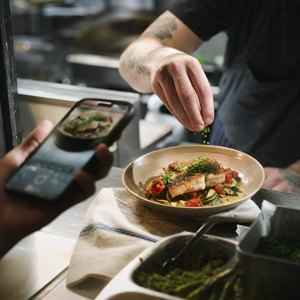 Cook finishing a signature dish while it is photographed on a phone