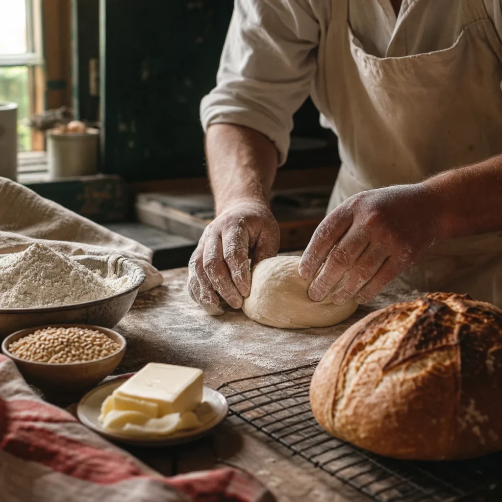 Baker shaping dough beside flour, grain, butter and a finished loaf