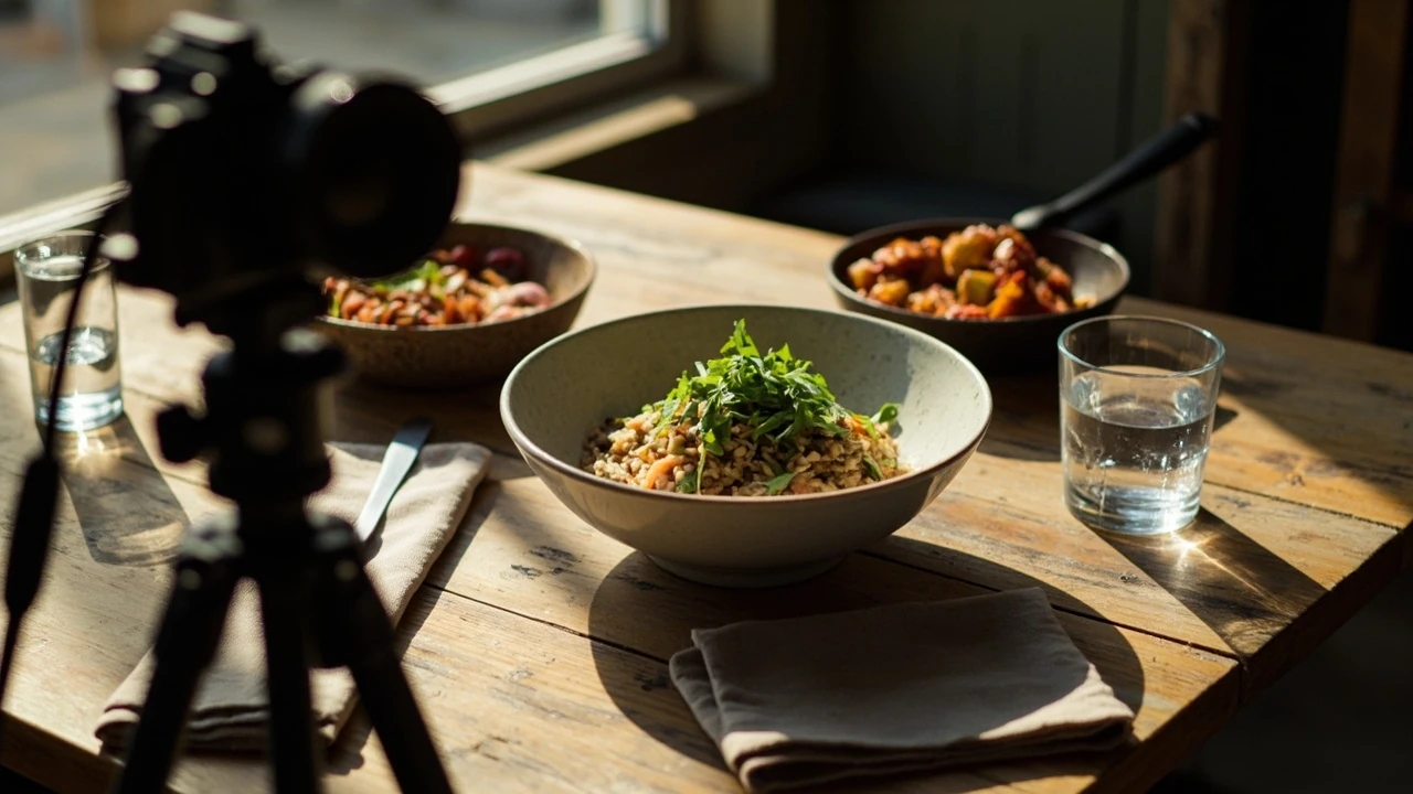 Food photography of a plated dish on a rustic wooden table near a window