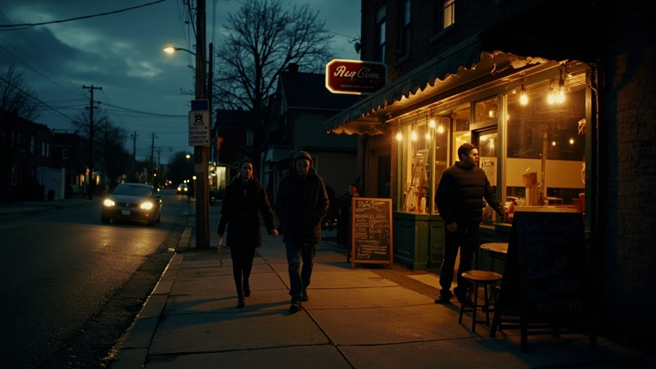 A restaurant storefront glowing at dusk illustrating local visibility on a neighborhood street