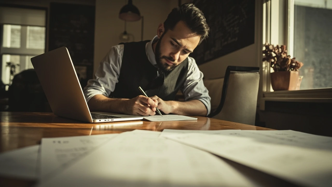 A chef writing menu descriptions at a wooden table with a printed menu beside a laptop