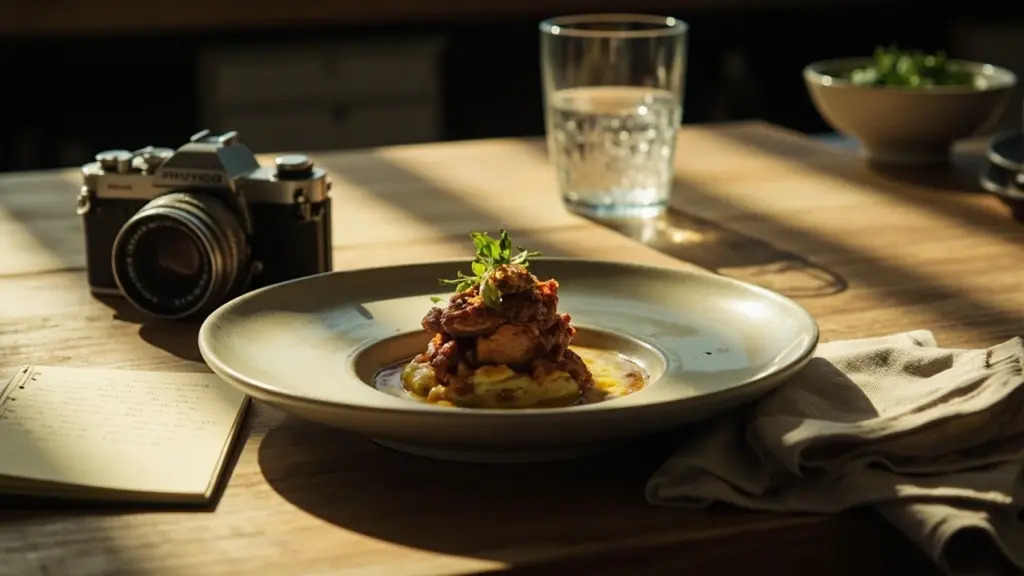 Food marketing on a restaurant counter with a notebook, plate, and camera