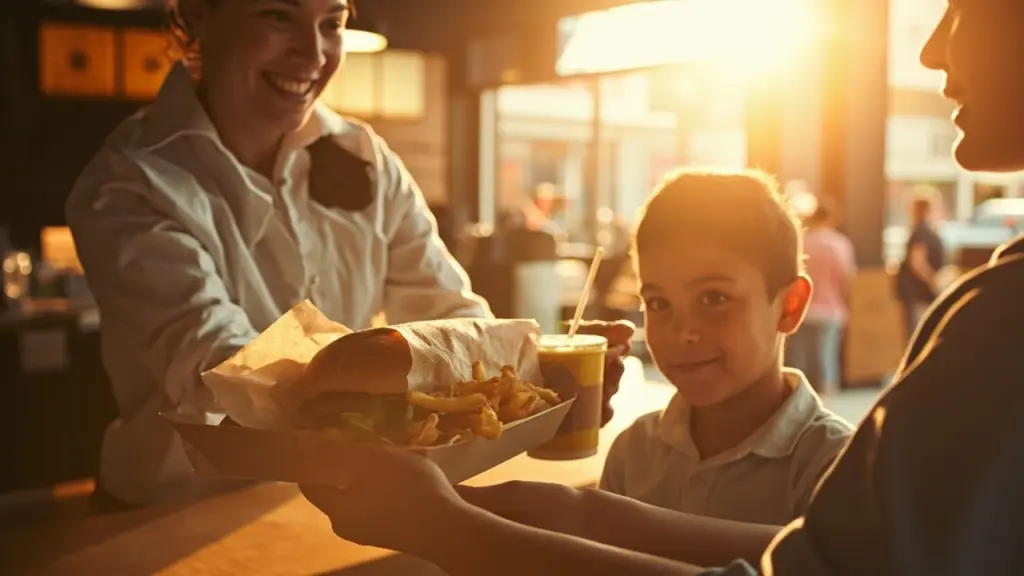 A counter serving fast food to a customer at lunch hour