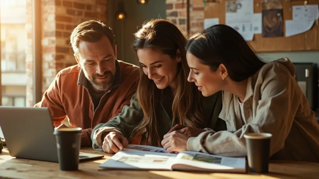 A small hospitality marketing team reviewing campaign briefs at a restaurant counter