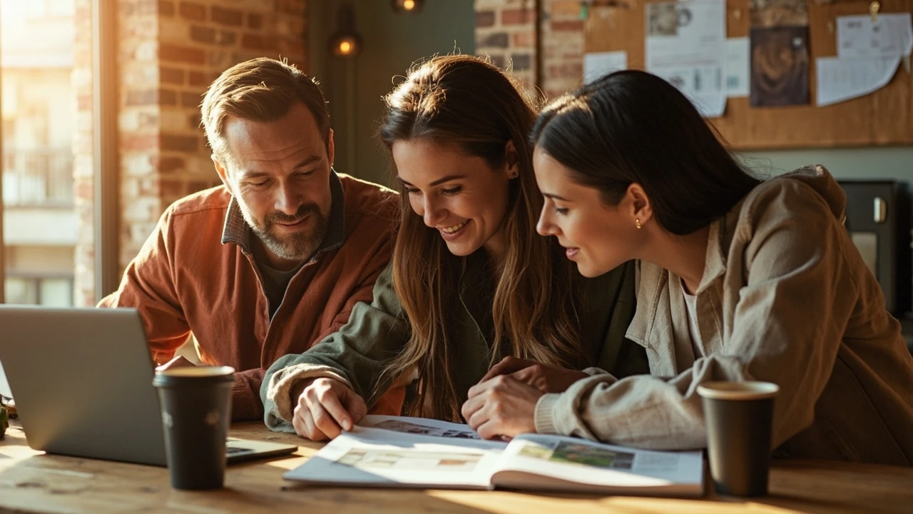 A small hospitality marketing team reviewing campaign briefs at a restaurant counter