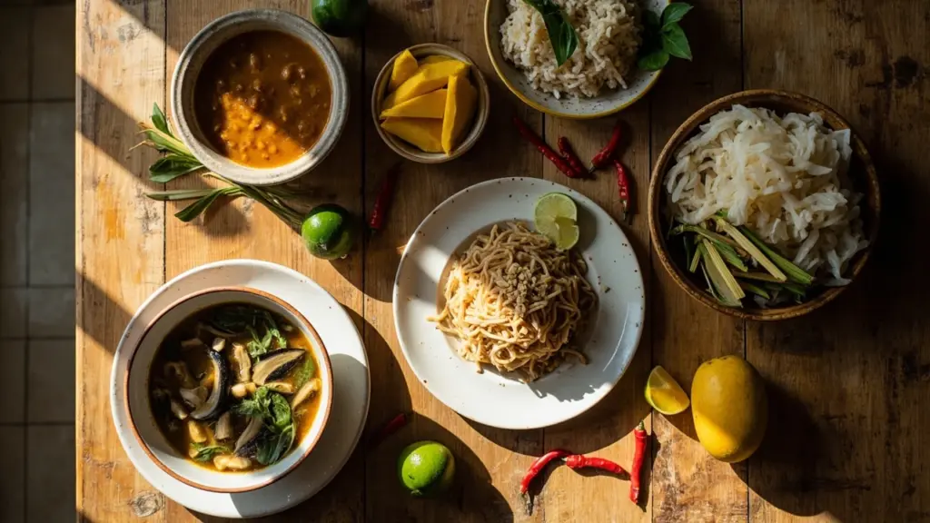 A spread of Thai food dishes on a wooden table