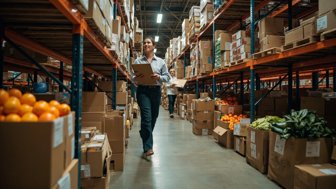 Volunteers sorting donated food at a community food bank