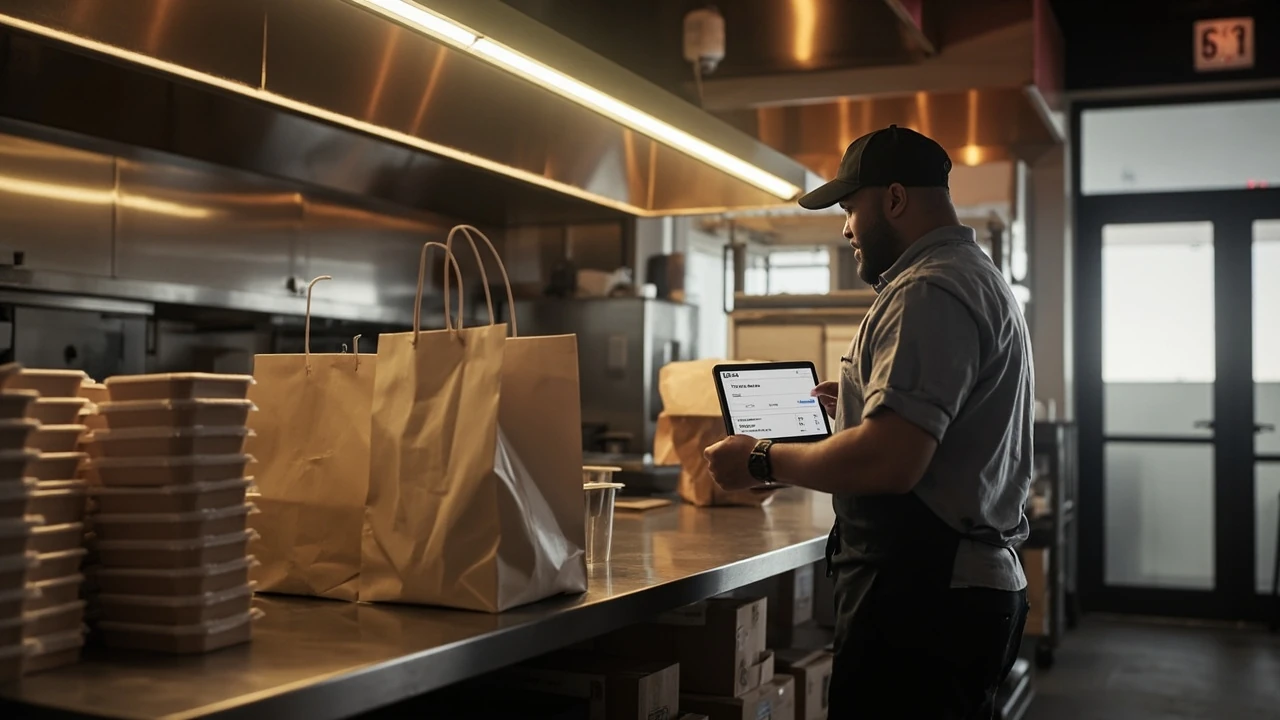 A restaurant owner reviewing a food delivery order on a tablet in a working kitchen