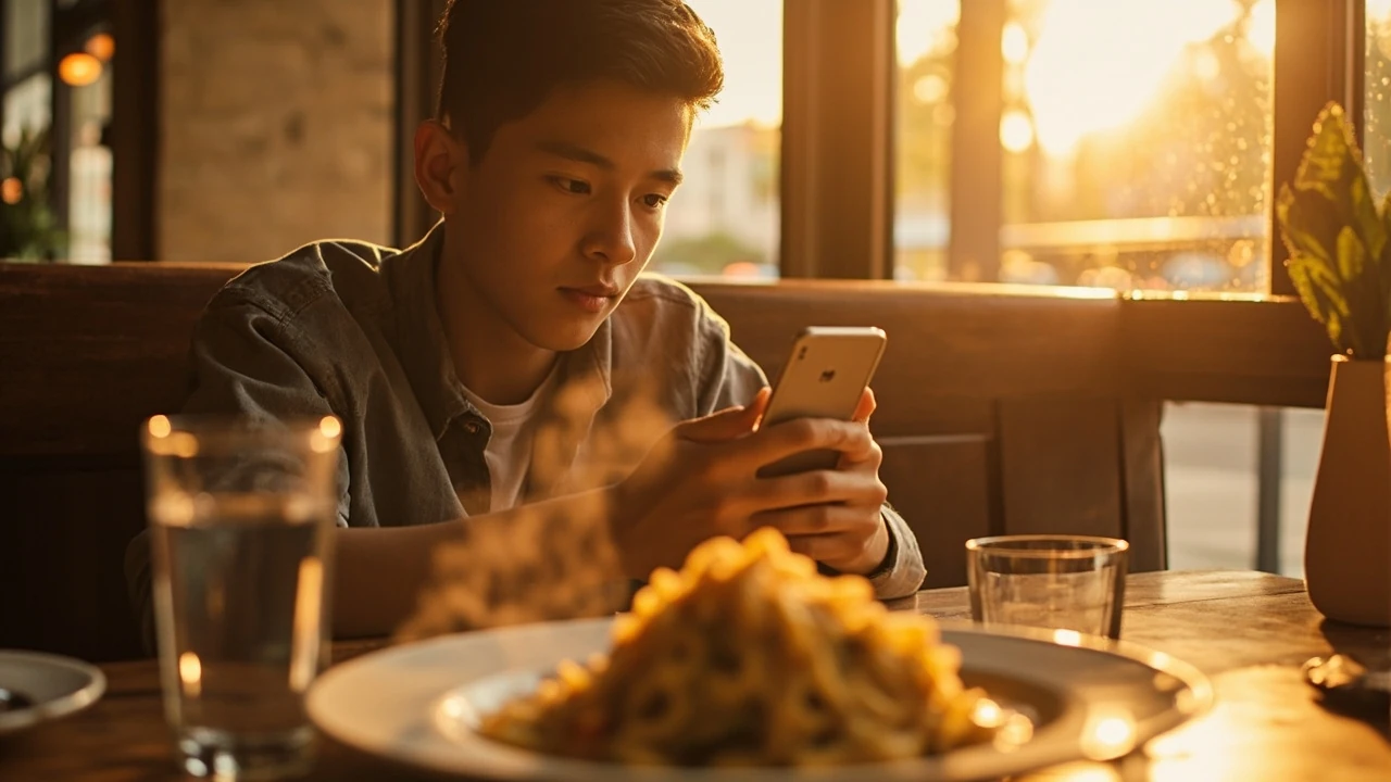 Diner searching for food newr me on a phone at a restaurant table