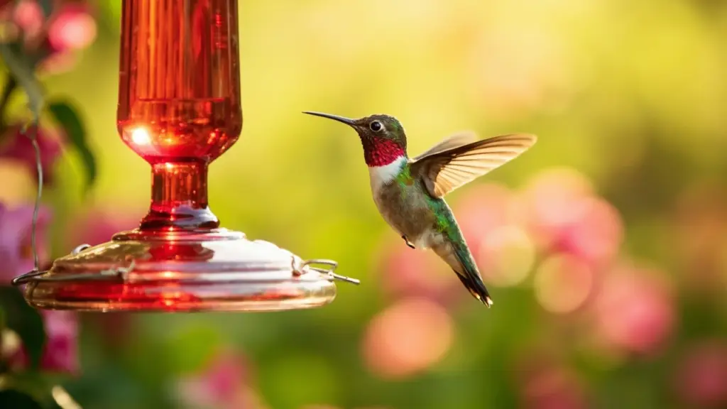 A ruby-throated hummingbird feeding on homemade nectar from a red feeder