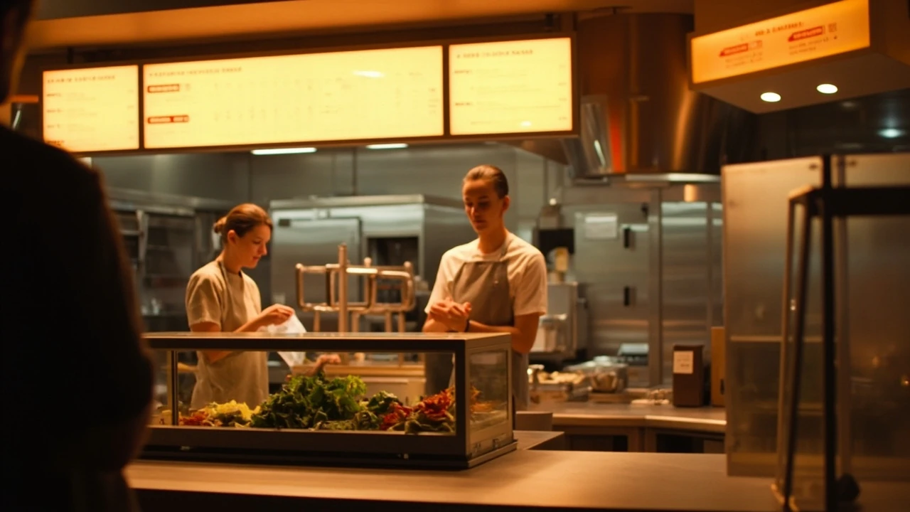 Customers ordering at a busy fast food restaurant counter