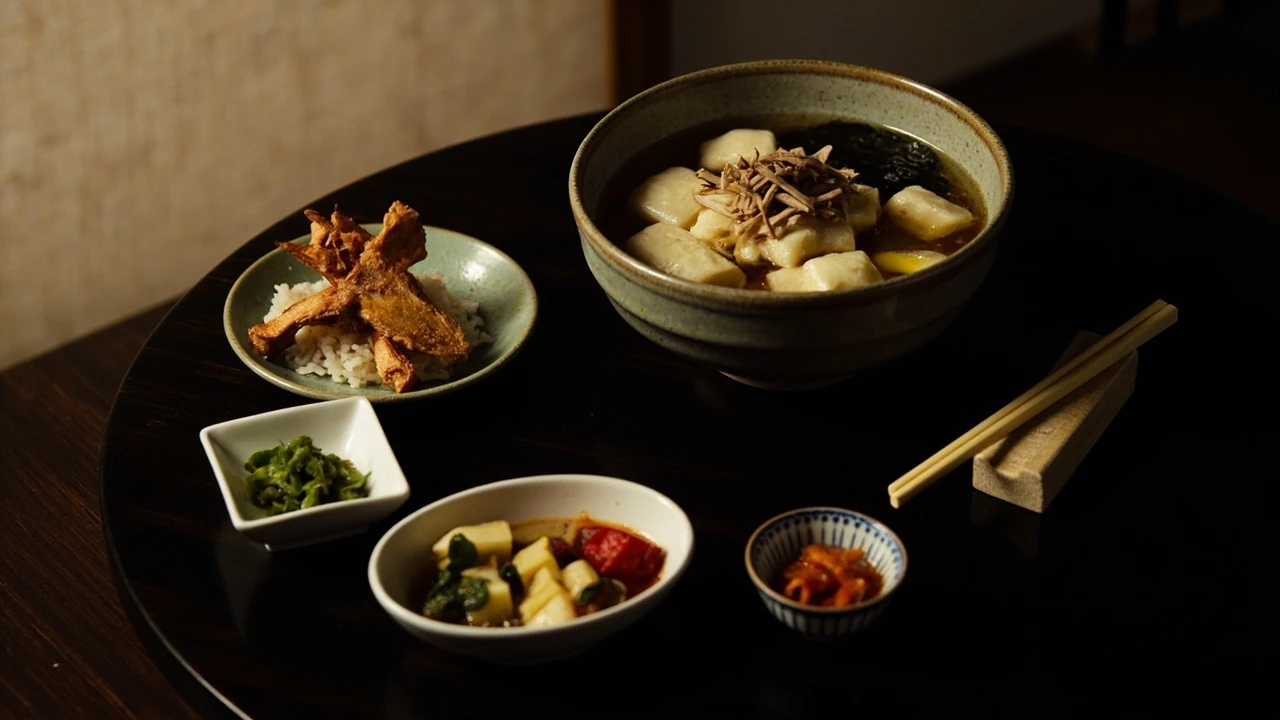 A spread of traditional Japanese food on ceramic plates and a lacquered bowl