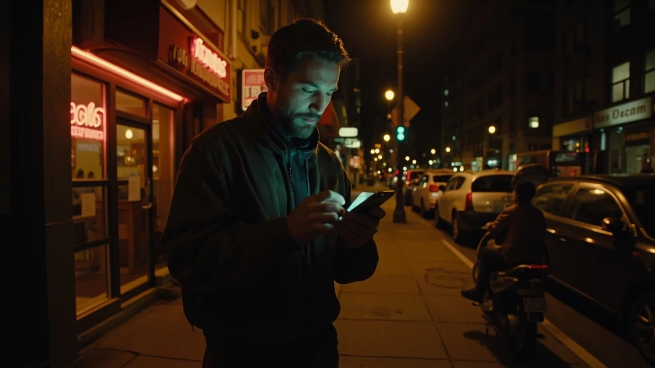 Person checking a phone to find food open now at night