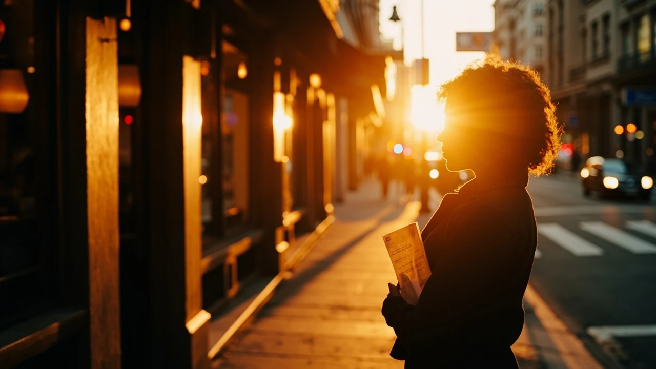 A reader choosing between two food places on a city street