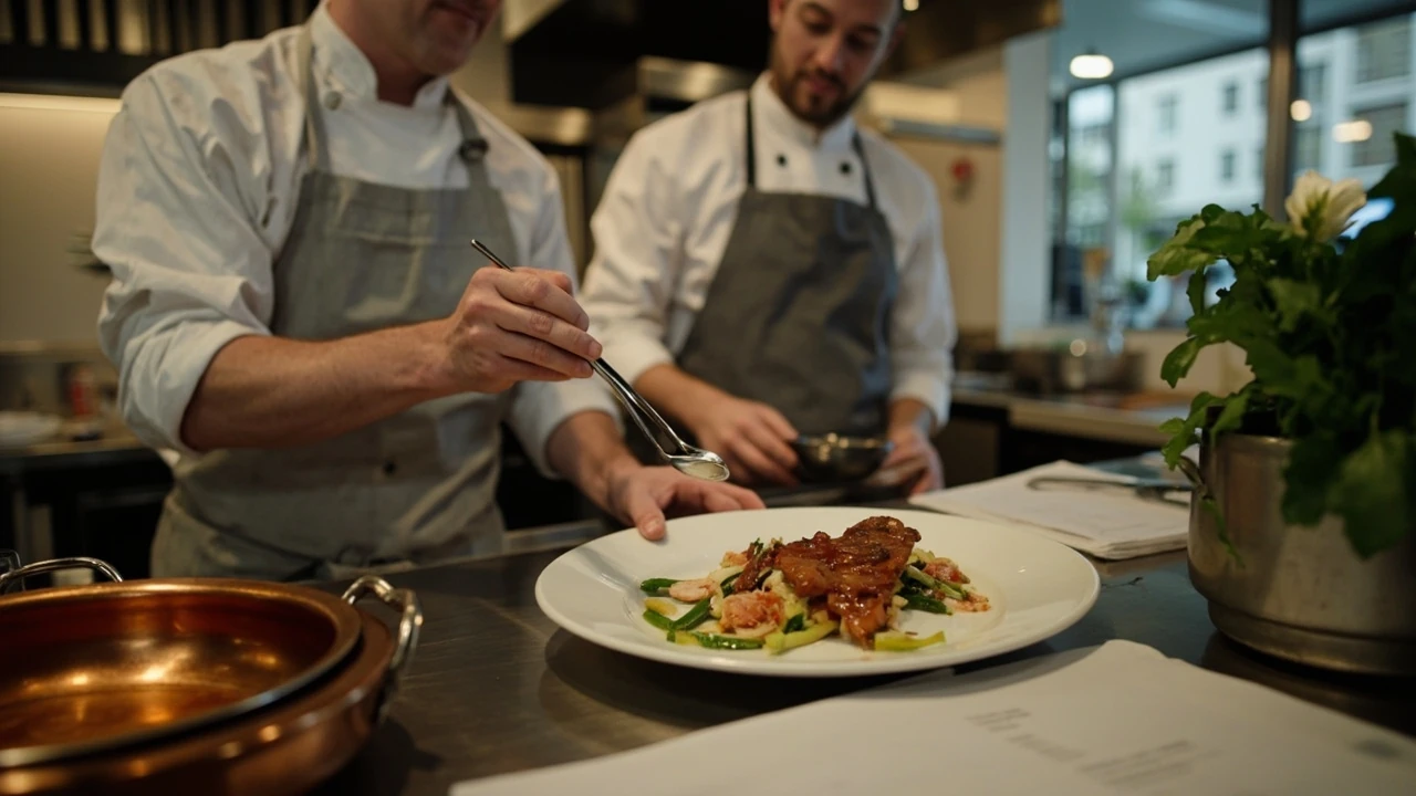 A true food kitchen with a chef plating a seasonal dish in a working restaurant pass