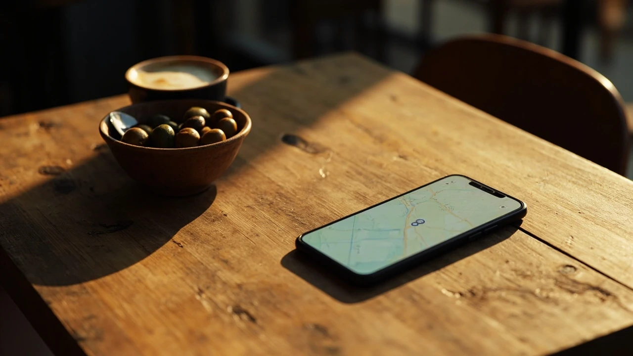 A phone on a cafe table searching for food around me