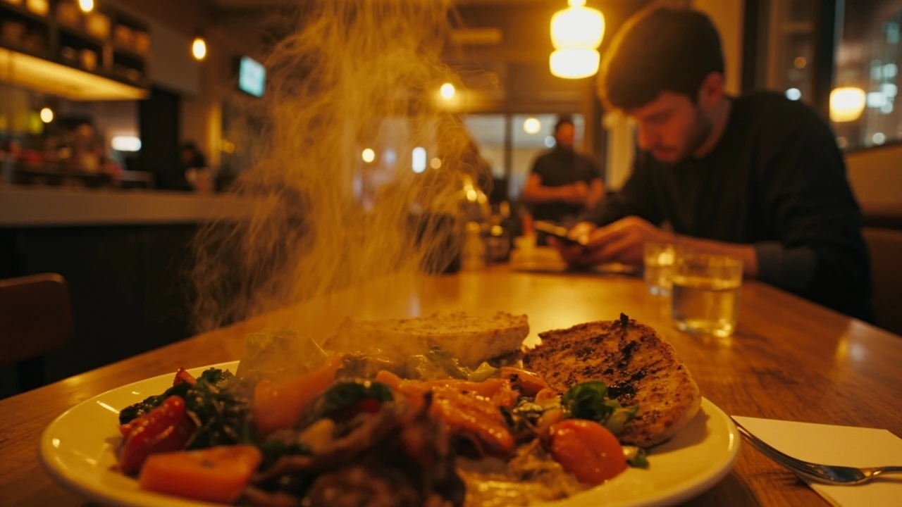 A diner choosing food mear me on a smartphone at a busy local counter
