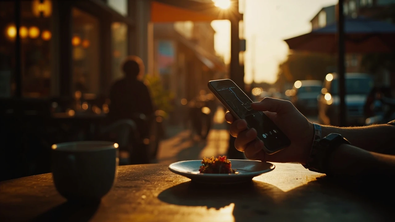 A diner searching for food nearby on a phone outside a small restaurant