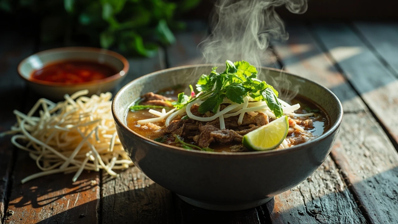A bowl of Vietnamese food with fresh herbs and rice noodles on a wooden table