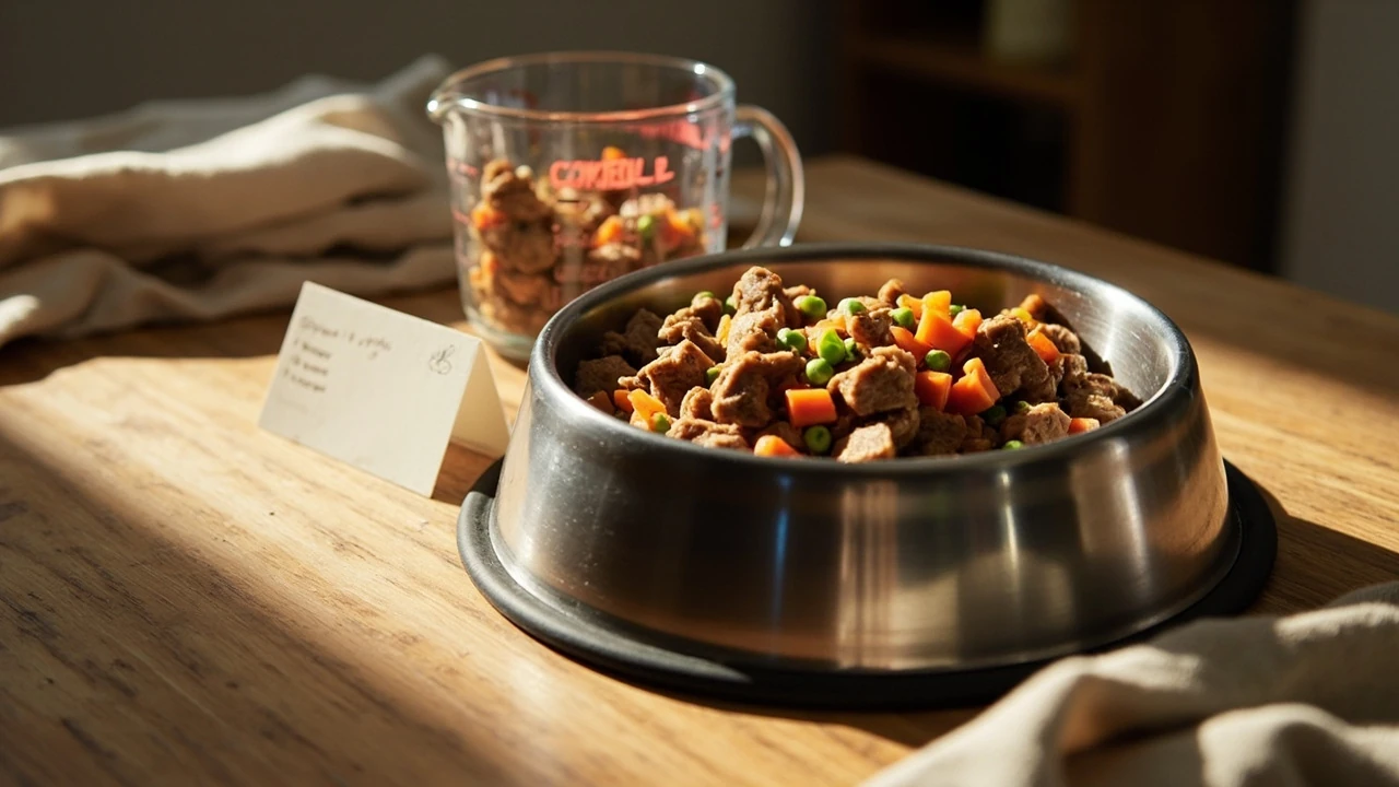 A measuring cup filled with fresh Ollie dog food next to a stainless steel dog bowl