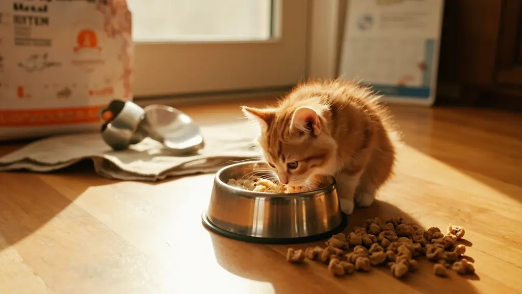 Person scooping the best kitten food into a ceramic bowl