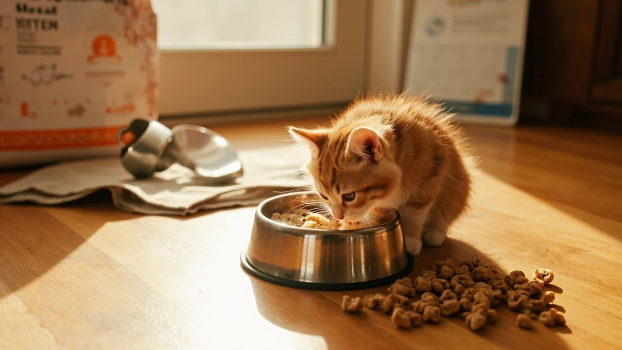 Person scooping the best kitten food into a ceramic bowl