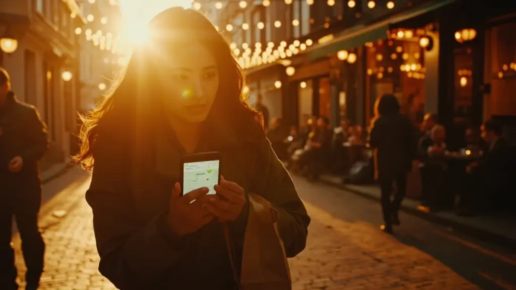 Hands holding a phone searching for food near ne on a city street