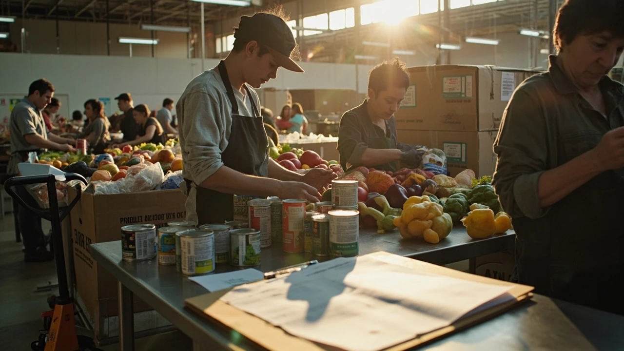 Volunteers sorting donations at a community food bank