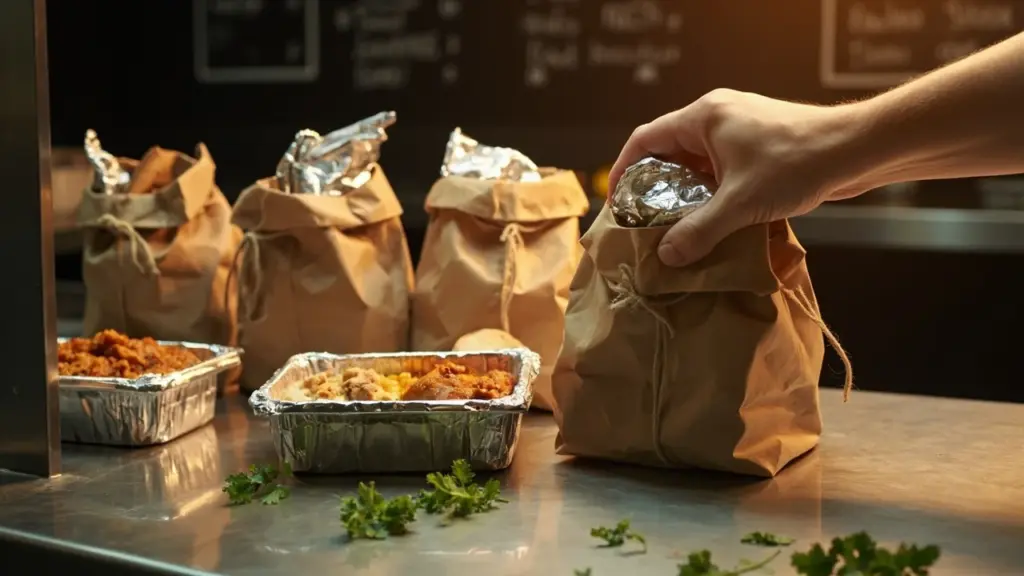 Bags of indian food delivery orders ready for dispatch from a restaurant kitchen