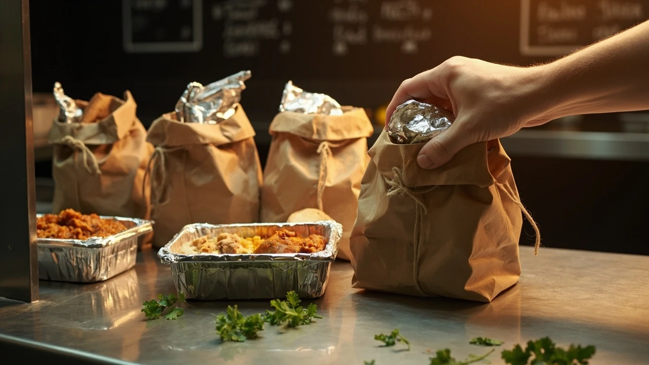 Bags of indian food delivery orders ready for dispatch from a restaurant kitchen