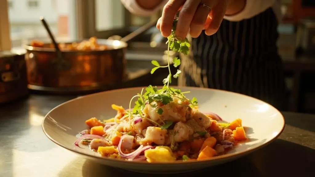 A chef plating a signature peruvian food dish in a working kitchen
