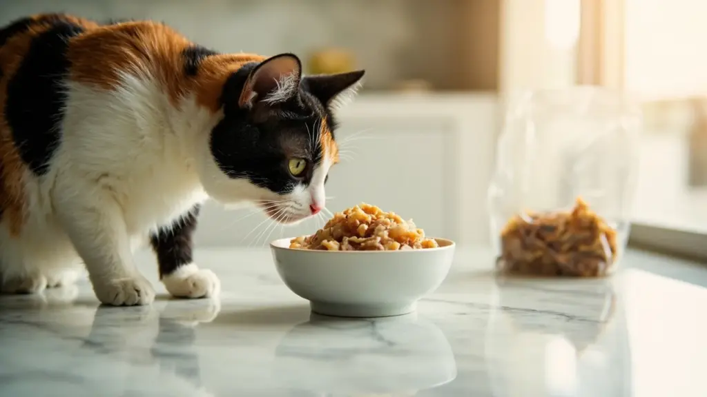A bowl of fresh minced chicken next to a sealed pouch on a kitchen counter, with a calico cat sniffing the bowl