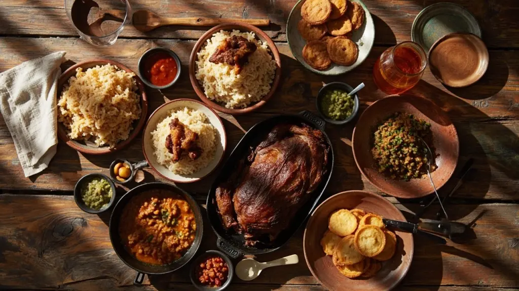 A table of classic puerto rican food including mofongo, arroz con habichuelas, and pernil