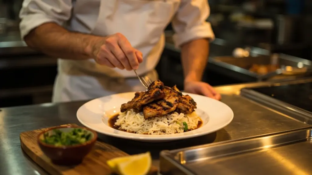 A chef plating a halal food dish in a restaurant kitchen