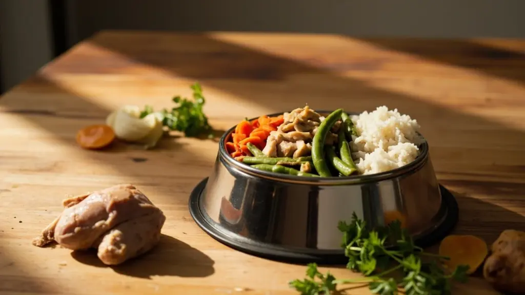 A bowl of just food for dogs made with lean protein, vegetables, and grains