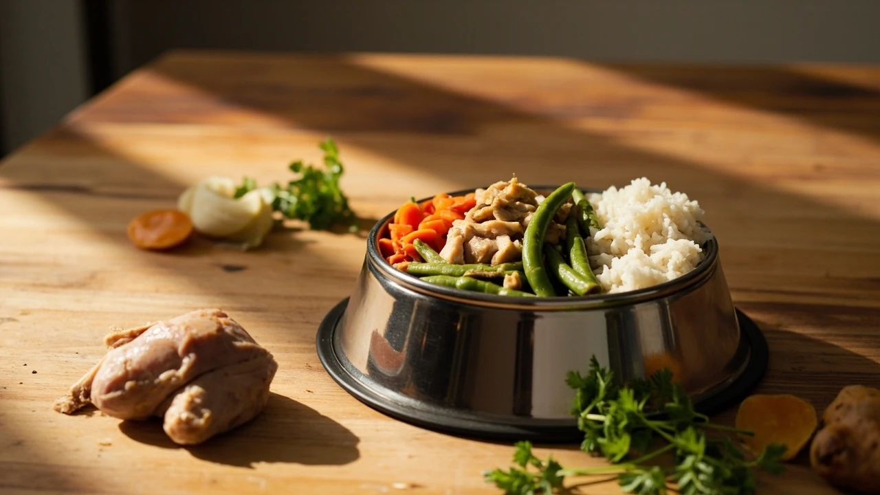 A bowl of just food for dogs made with lean protein, vegetables, and grains
