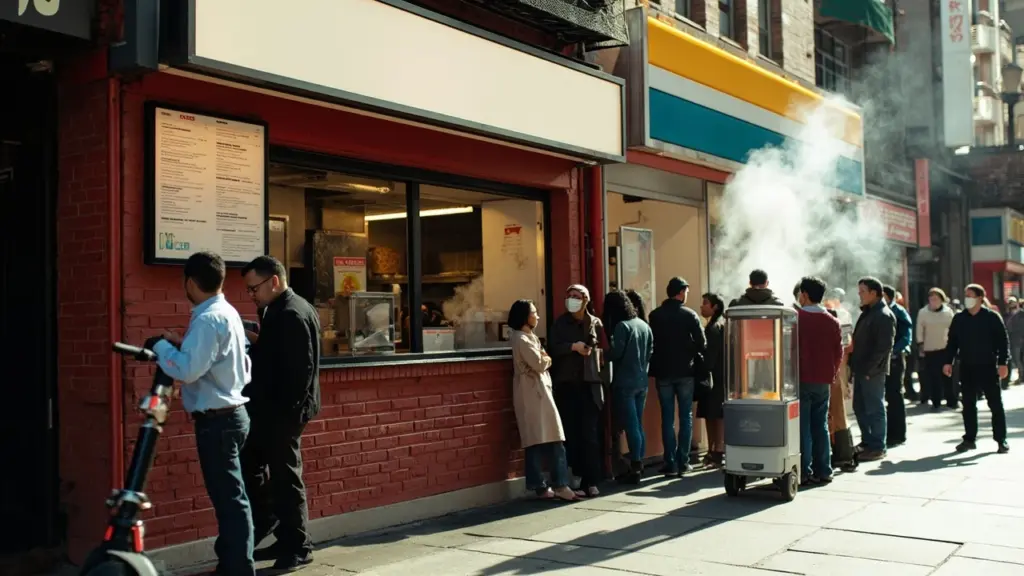 Two fast food places side by side on a city street