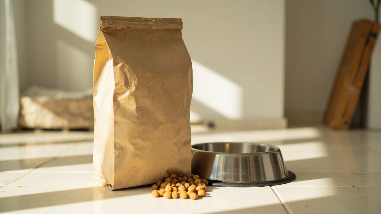 A bag of science diet dog food next to a stainless bowl on a kitchen floor