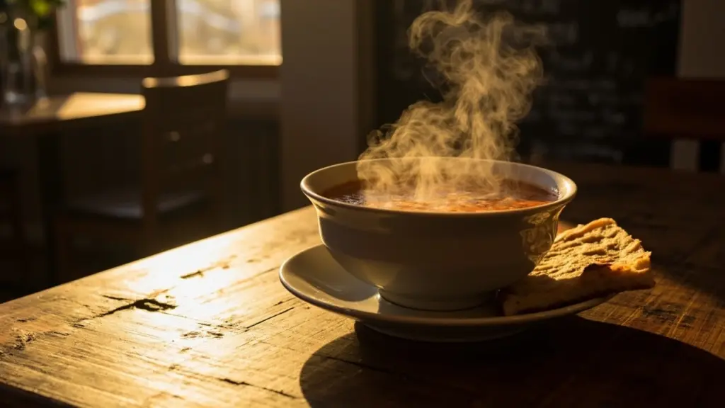 A bowl of hot food served on a wooden table at a casual restaurant near a busy street
