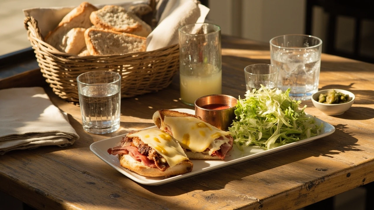 A bistro table set with classic French food including a croque monsieur, a small salad, and a glass of wine