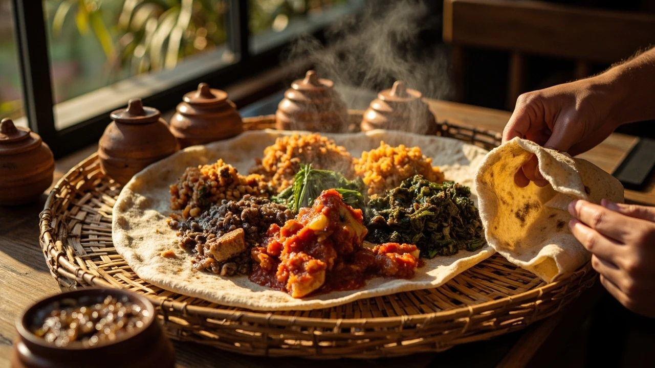 A spread of ethiopian food served on injera with stews and vegetables