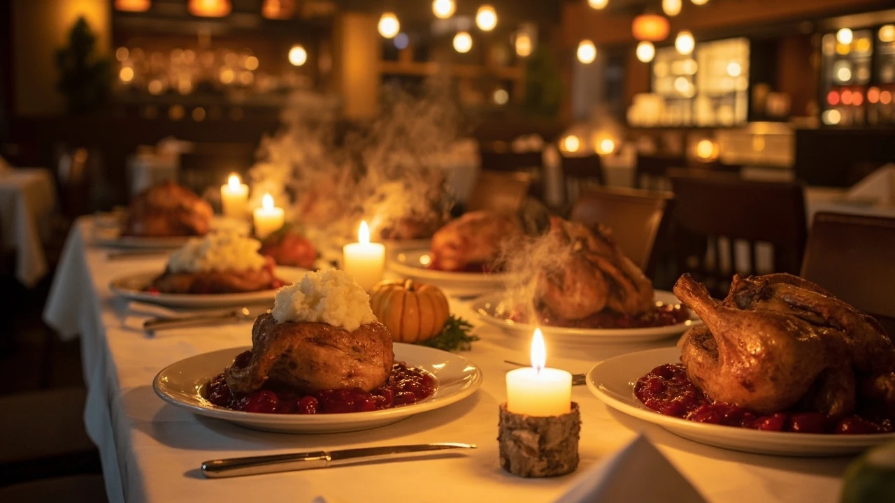 Restaurants open on Thanksgiving serving a holiday meal in a warmly lit dining room