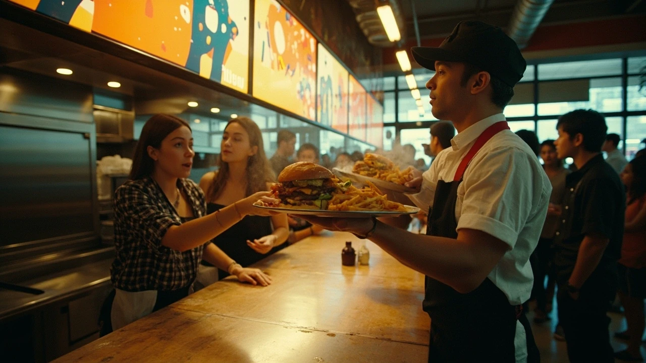 Two customers ordering at a counter inside a modern fast food restaurant