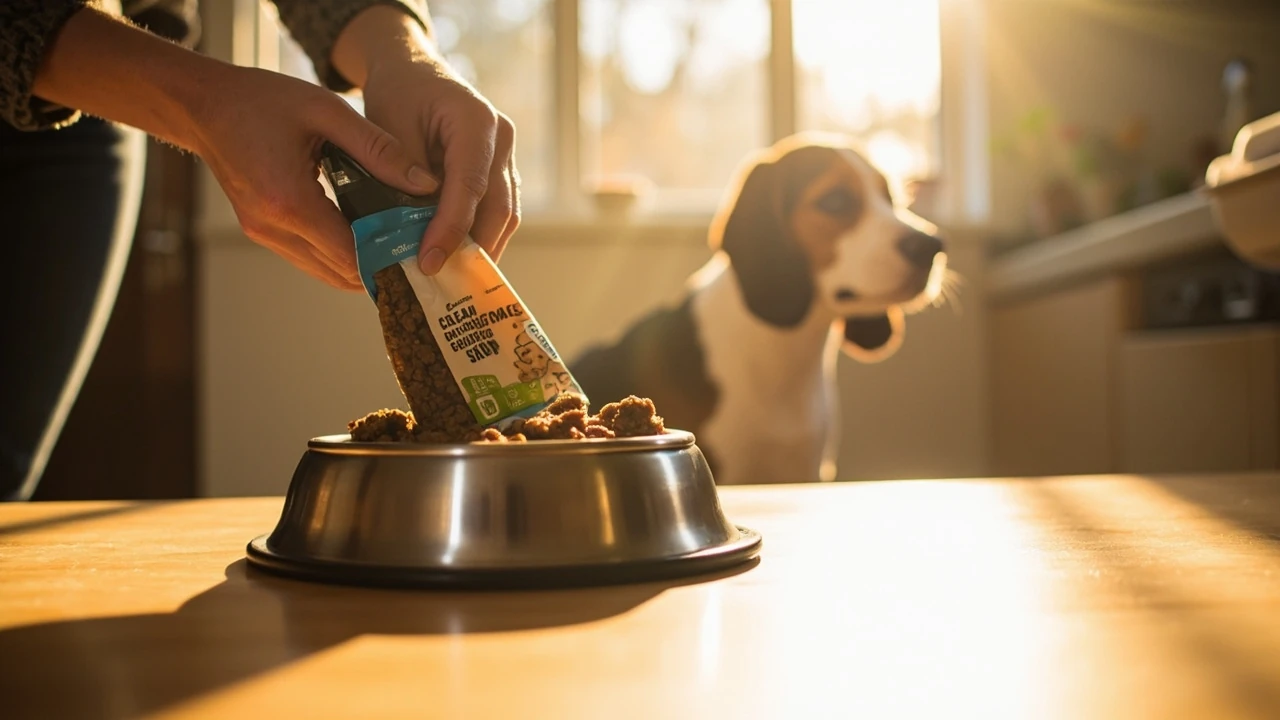 A person portioning fresh Farmer's Dog food into a dog bowl on a kitchen counter