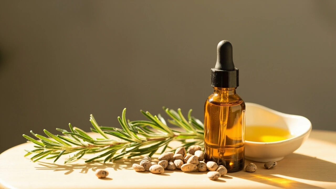Bottle of hair growth oil with natural plant ingredients on a wooden surface